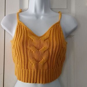 American Eagle mustard yellow knit cable cropped sleeveless sweater Sz S NWOT